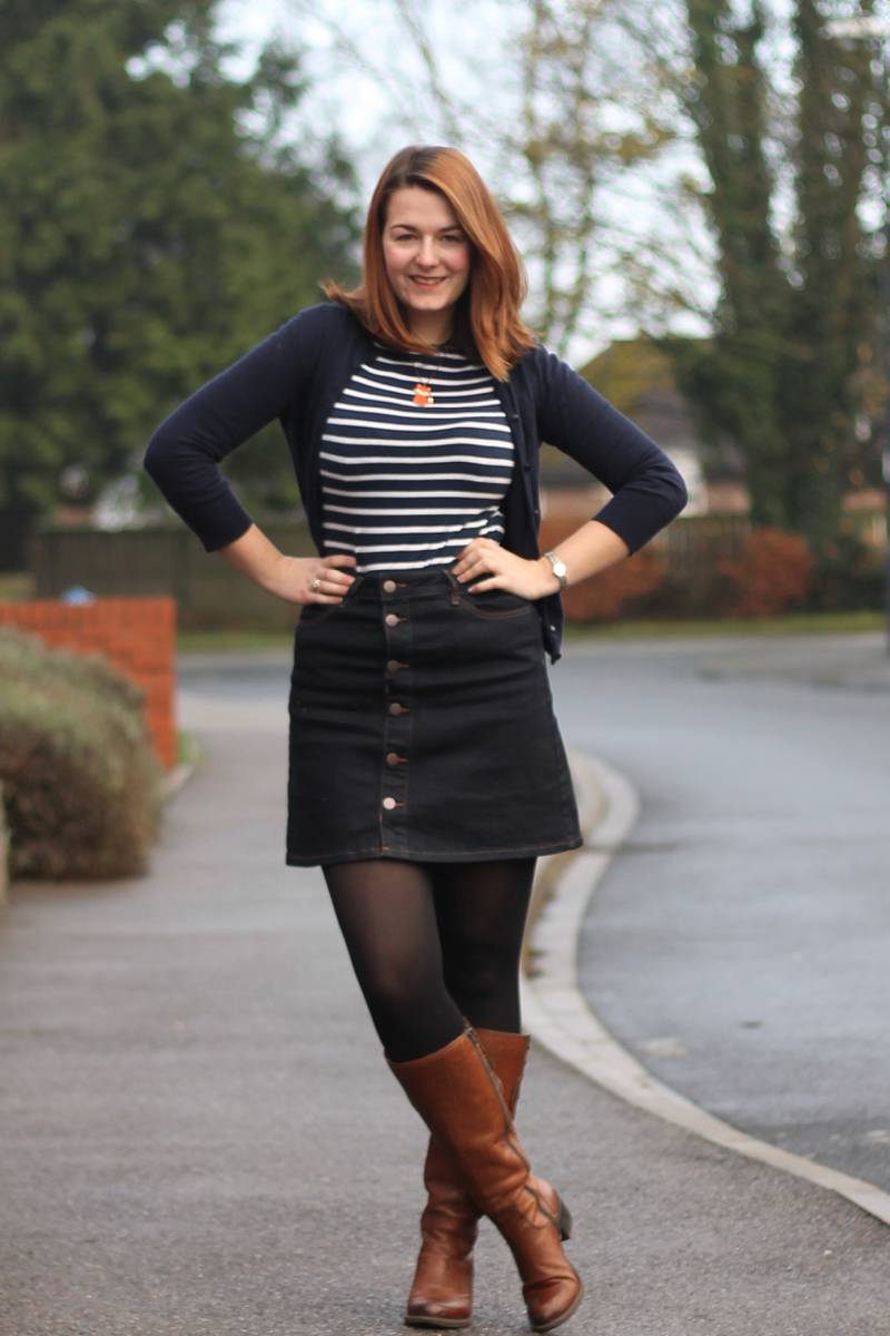 Denim A Line skirt outfit with boots