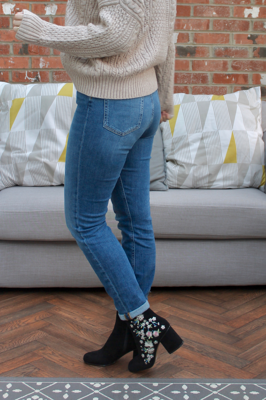 ASOS Farleigh jeans, blush cable knit jumper & embroidered ankle boots outfit