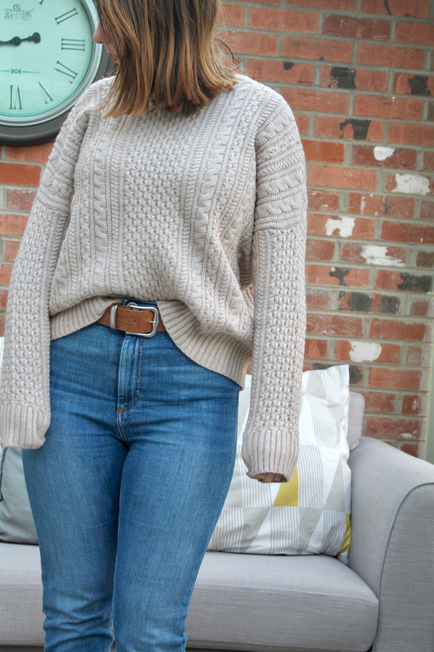 ASOS Farleigh jeans, blush cable knit jumper & embroidered ankle boots outfit