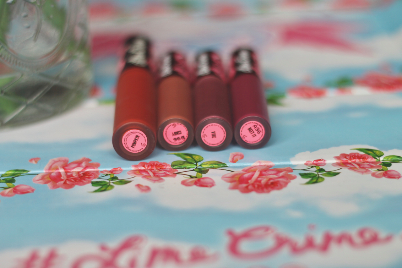 Lime Crime Velvetines lipstick review - Pumpkin, Cindy, Vibe, Beet-It
