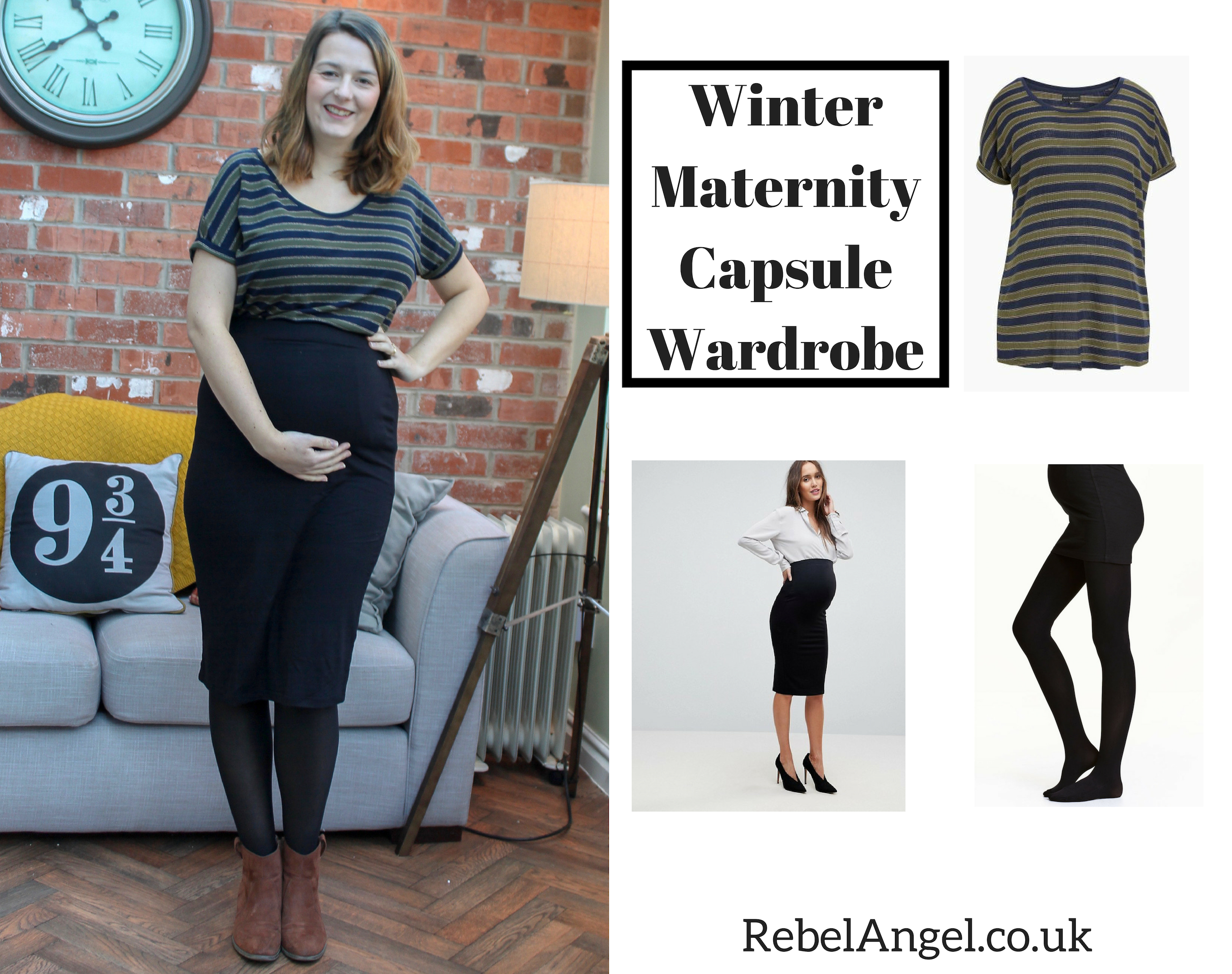 Winter Maternity Capsule Wardrobe outfit with striped top and pencil skirt