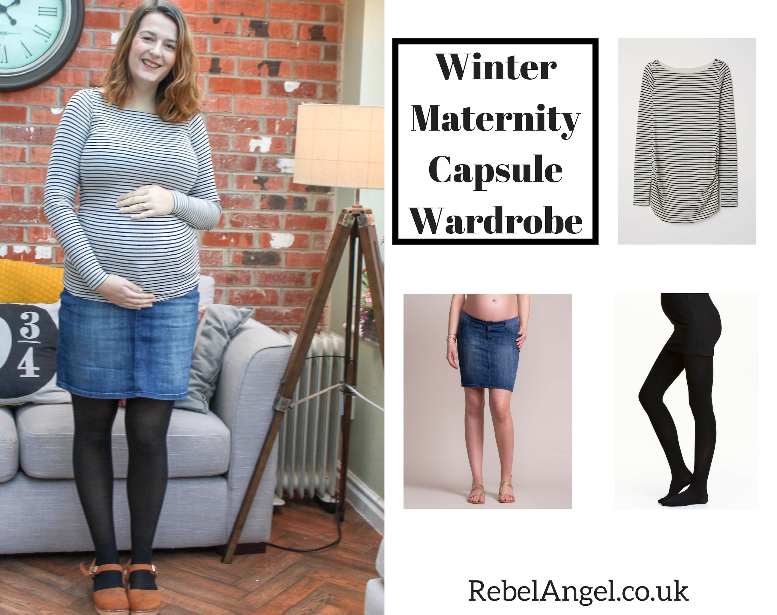 Winter Maternity Capsule Wardrobe - striped top and denim skirt
