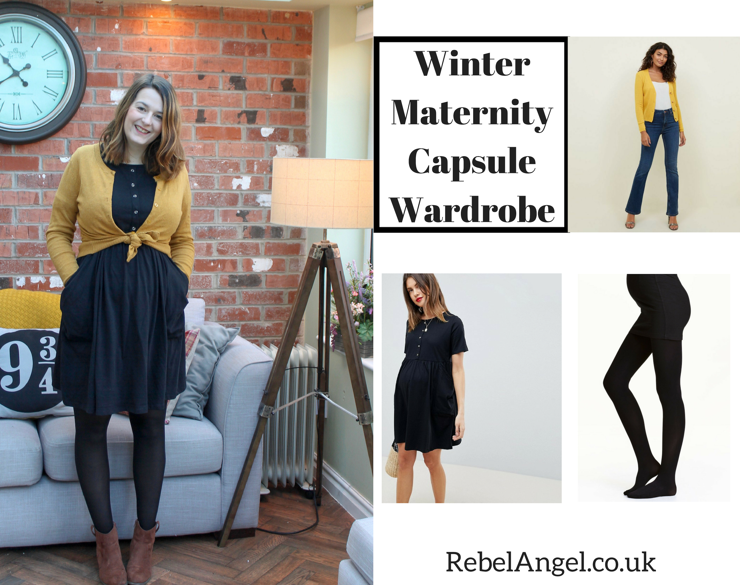 Winter Maternity Capsule Wardrobe outfit with black maternity dress & mustard cardigan