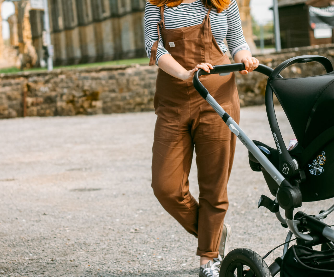 Lucy & Yak dungarees for breastfeeding at Byland Abbey
