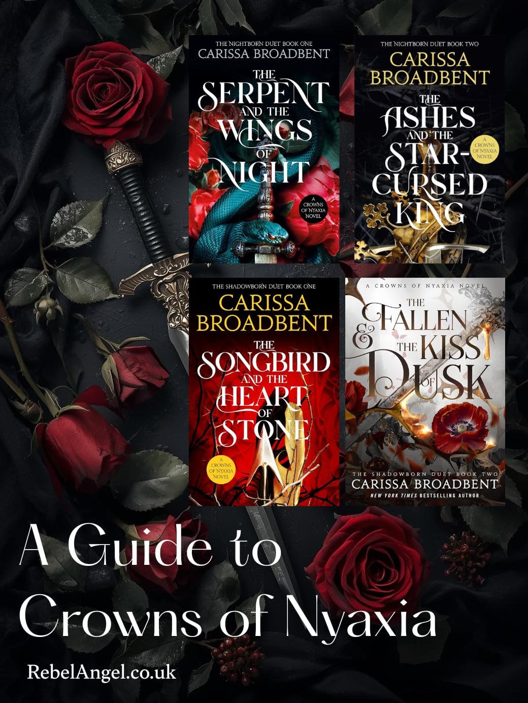 Dark fantasy book covers featuring roses and mystical elements for 'Crows of Nyaxia' series by Carissa Broadbent.