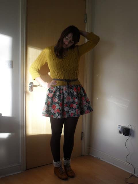 Mustard jumper & floral skirt outfit