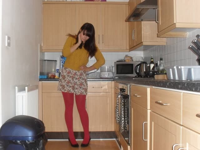 Mustard jumper with pink tights