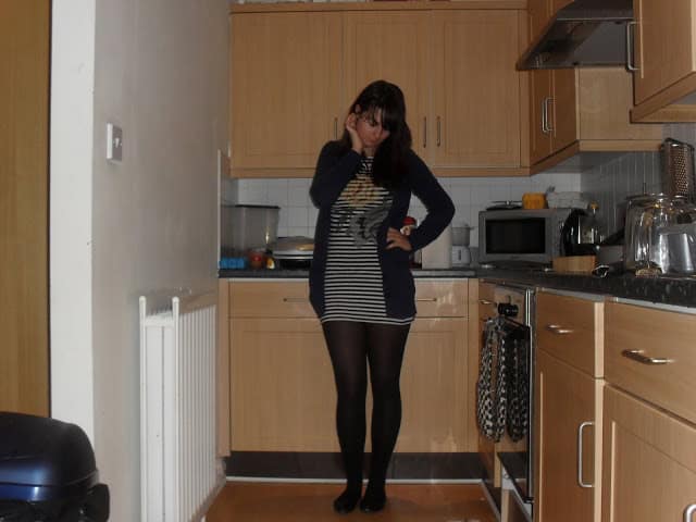 Striped dress navy cardigan outfit