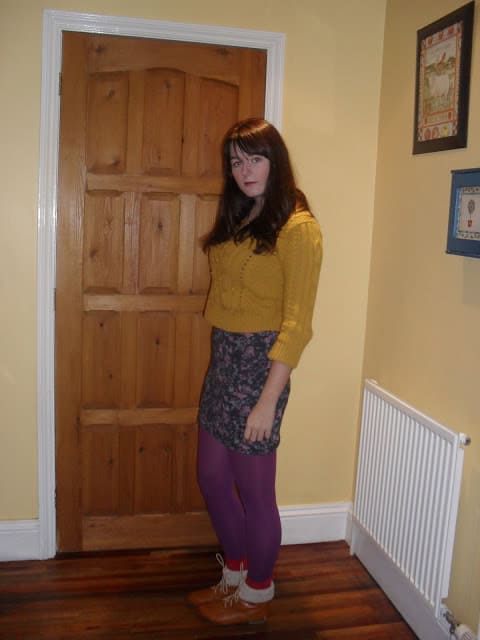 Mustard jumper, purple tights outfit