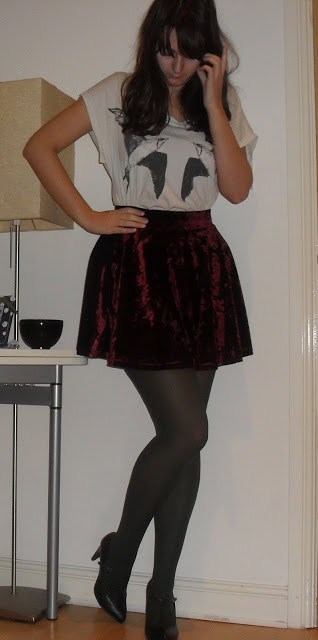 Two bird top with velvet skirt