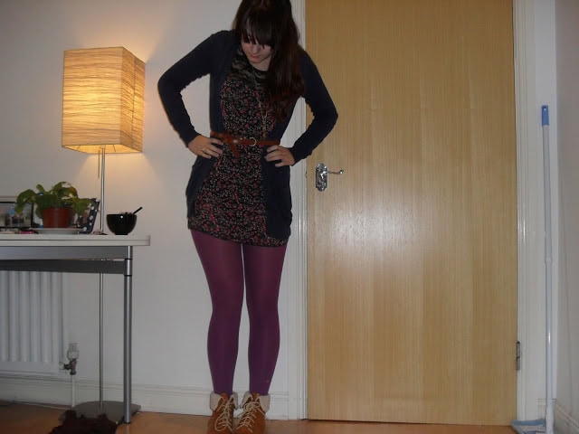Clothes swap - floral dress with purple tights