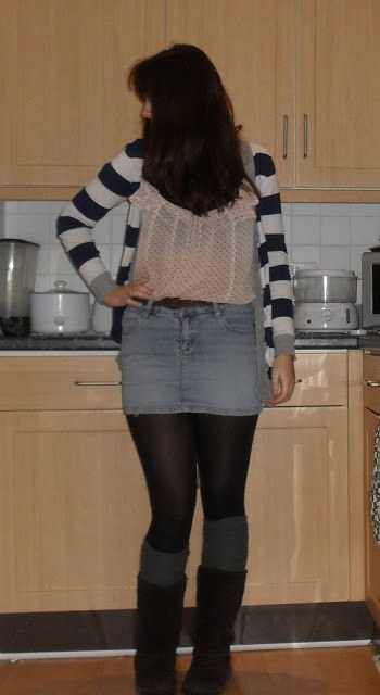 Denim skirt, striped cardigan