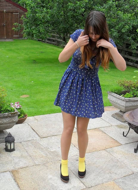 blue zara dress with yellow socks