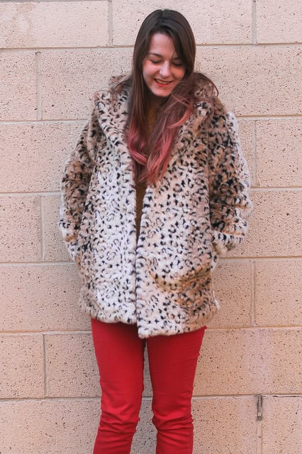 Leopard fur coat with red jeans