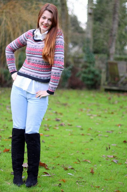 knit jumper with jeans and over the knee boots