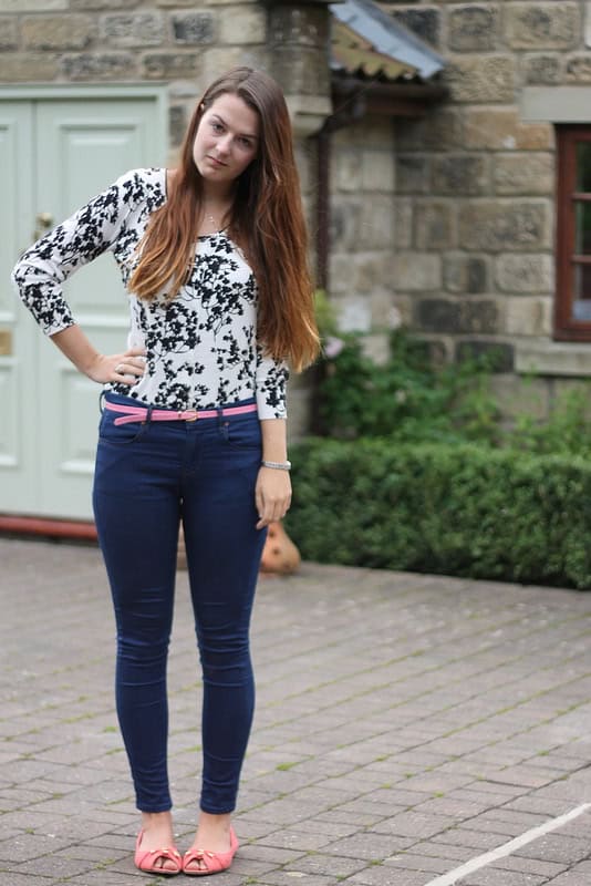 monochrome floral cardigan with jeans