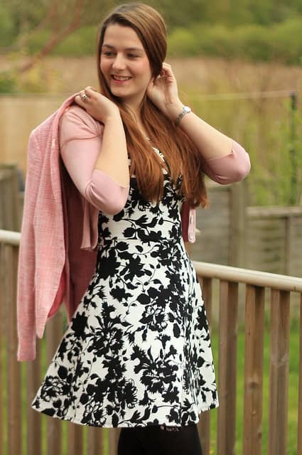 pink jacket monochrome floral dress