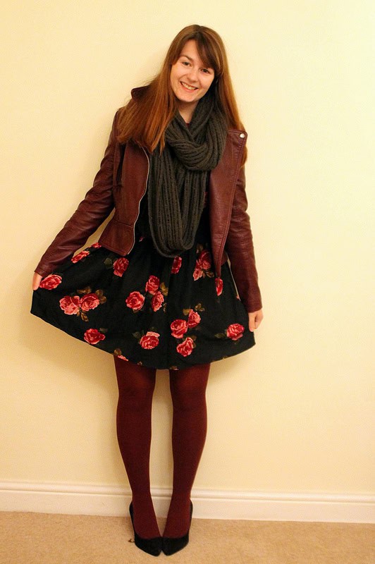 floral dress with leather jacket