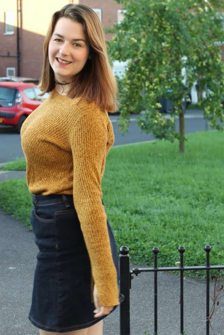 Yellow Jumper, denim skirt