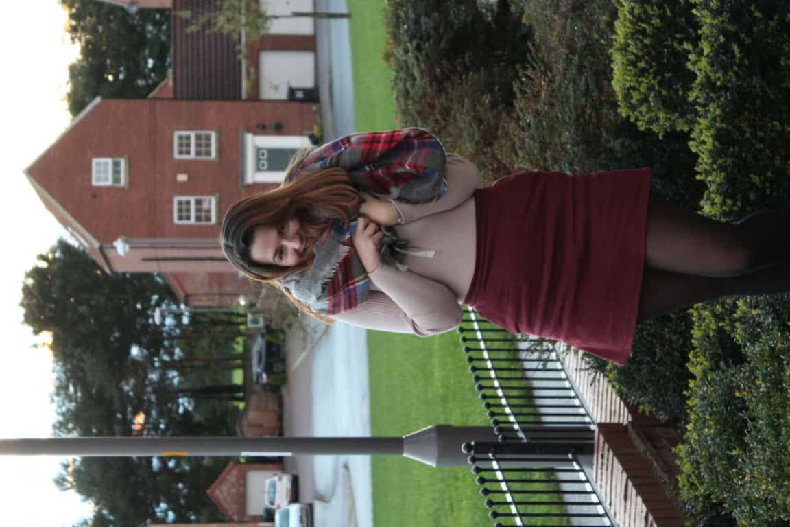 Autumn Outfit with burgundy skirt & knitwear
