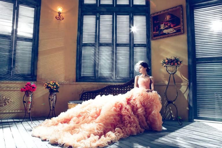 Bride in pink wedding dress