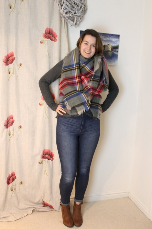 Jeans & ankle boot outfit with blanket scarf