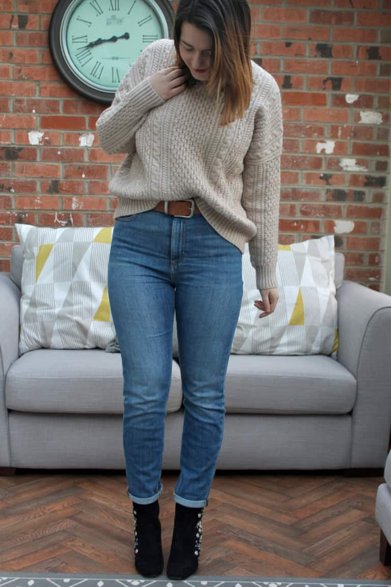 ASOS Farleigh jeans, blush cable knit jumper & embroidered ankle boots outfit