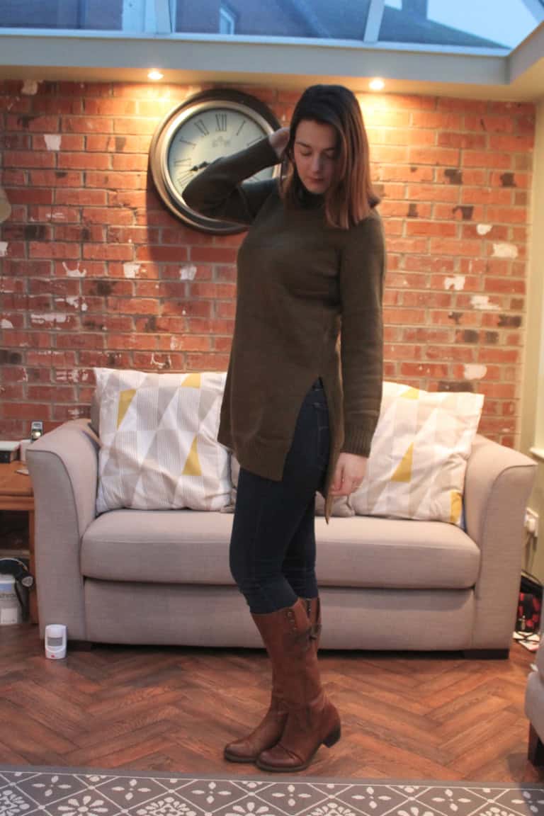 Simply Be khaki jumper with skinny jeans & boots