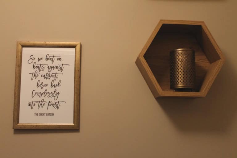 Downstairs Bathroom renovation: after - Great Gatsby quote & hexagon shelf