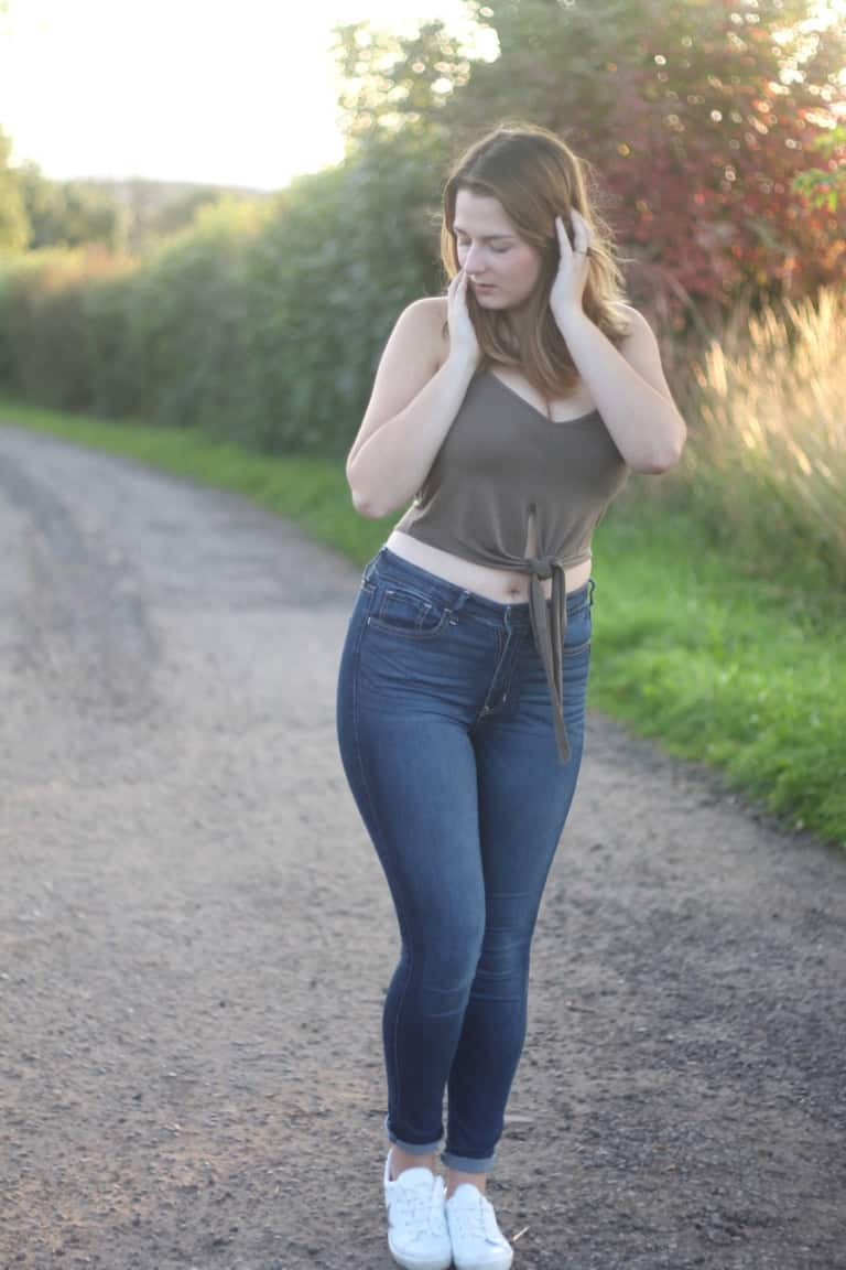 Tobi olive crop top with jeans outfit
