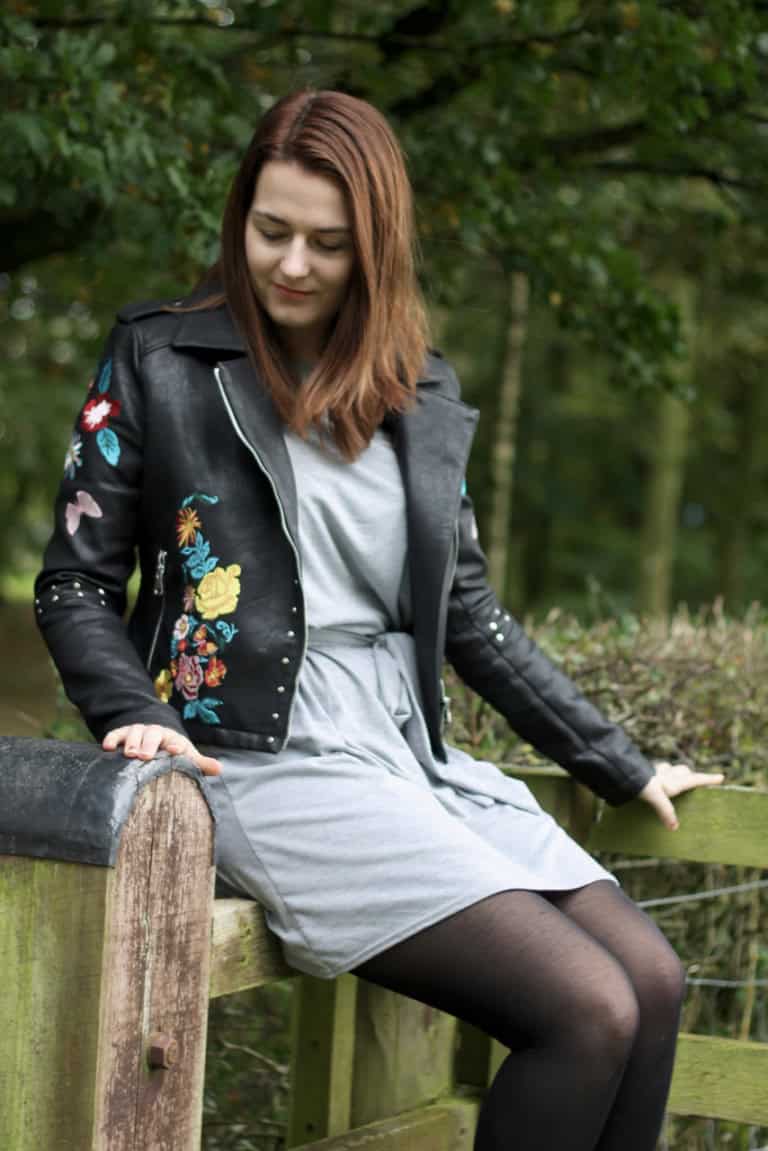 Embroidered leather jacket with grey T shirt dress outfit - LOTD review & Pretty Little Thing review