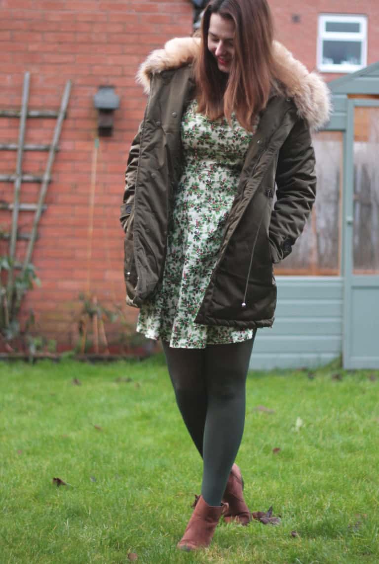 Miss Pap parka & Great British Sewing Bee shift dress - Holly Christmas dress