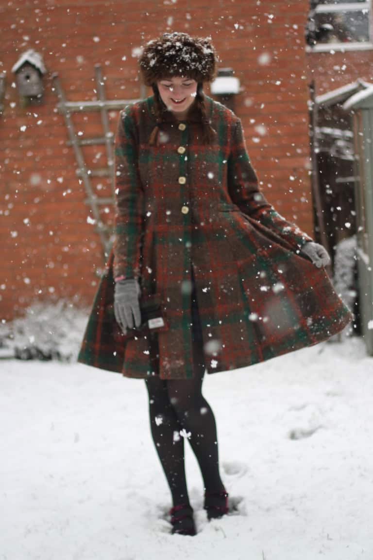 Alice's Pig Coat, faux fur headband winter outfit in the snow