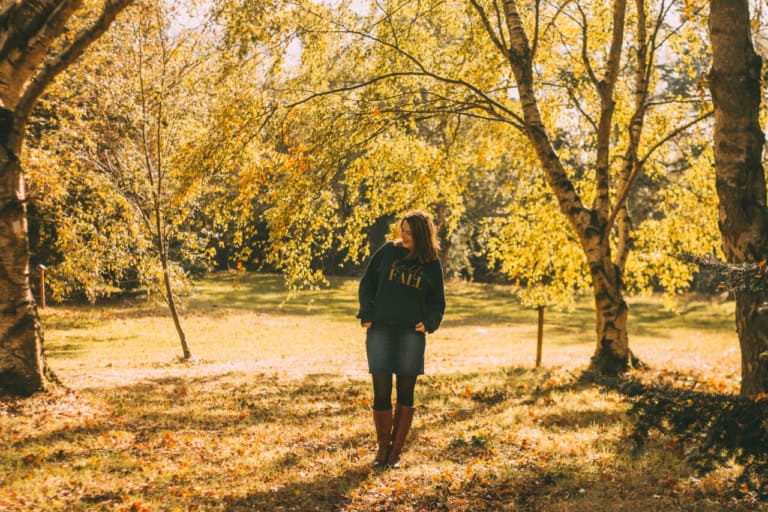 Hello Fall Blair Lamb sweatshirt maternity outfit at Castle Howard Yorkshire Arboretum