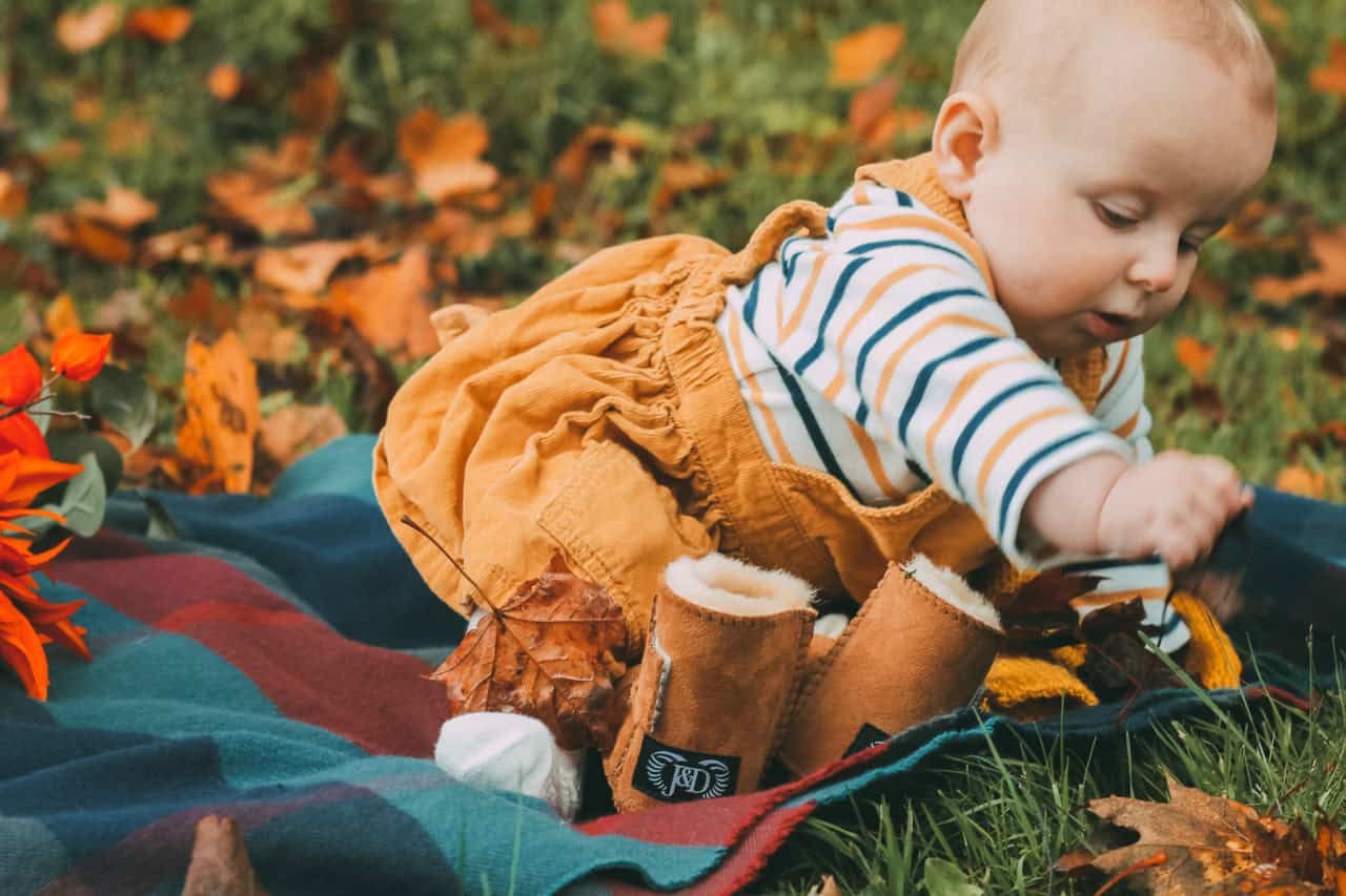 Emmy's first autumn boots - sheepskin booties by Jacobs & Dalton